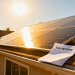 Rooftop solar panels at sunset with a document labeled loan agreement placed on the roof, representing solar loan rates california.