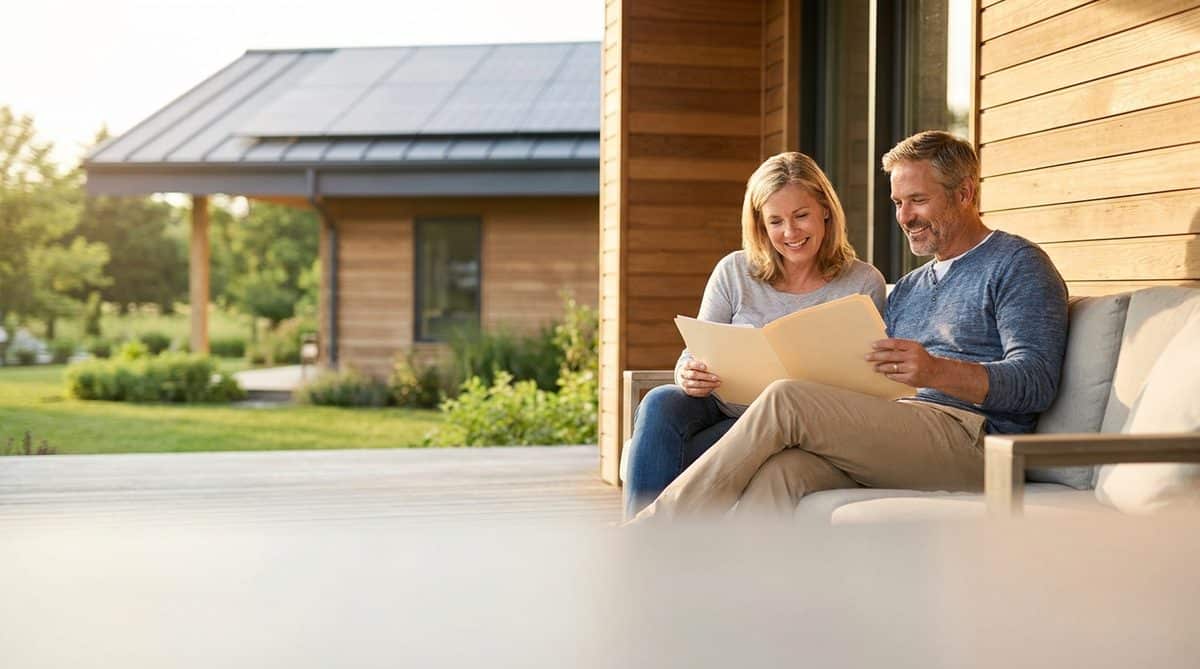 Homeowners outside their solar-powered home