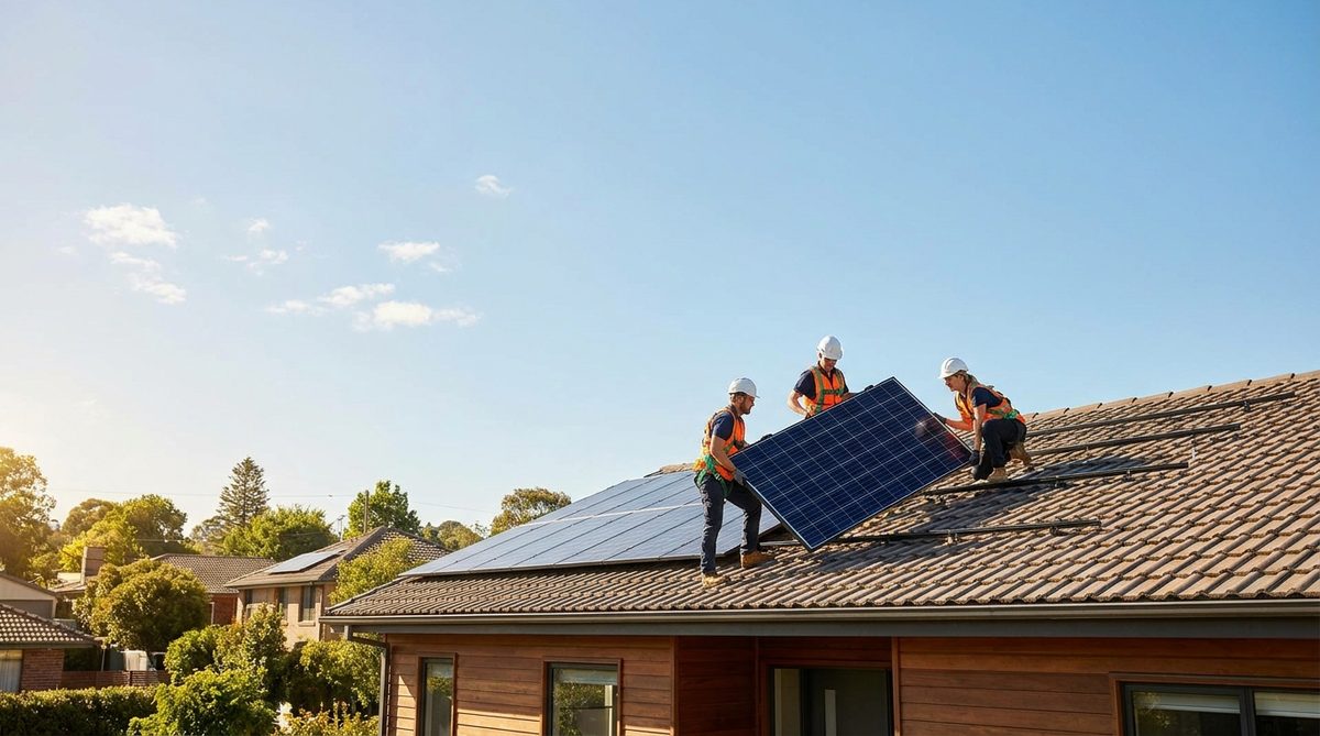 Local Solar Installers Fitting Panels On A Residential Roof