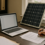 A Desk With A Laptop And A Small Solar Panel, A Hand Writing Notes