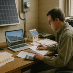 A Man Working At A Cluttered Desk With A Laptop And A Model House