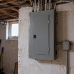 A basement wall with an electrical panel and a round meter