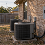 Two air conditioning units beside a brick house wall with meters and a fence