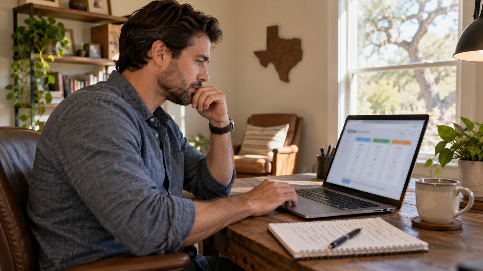 Power To Choose In Texas: How To Compare Electricity Plans And Rates 1 A man compares Texas electricity plans on a laptop with a notepad