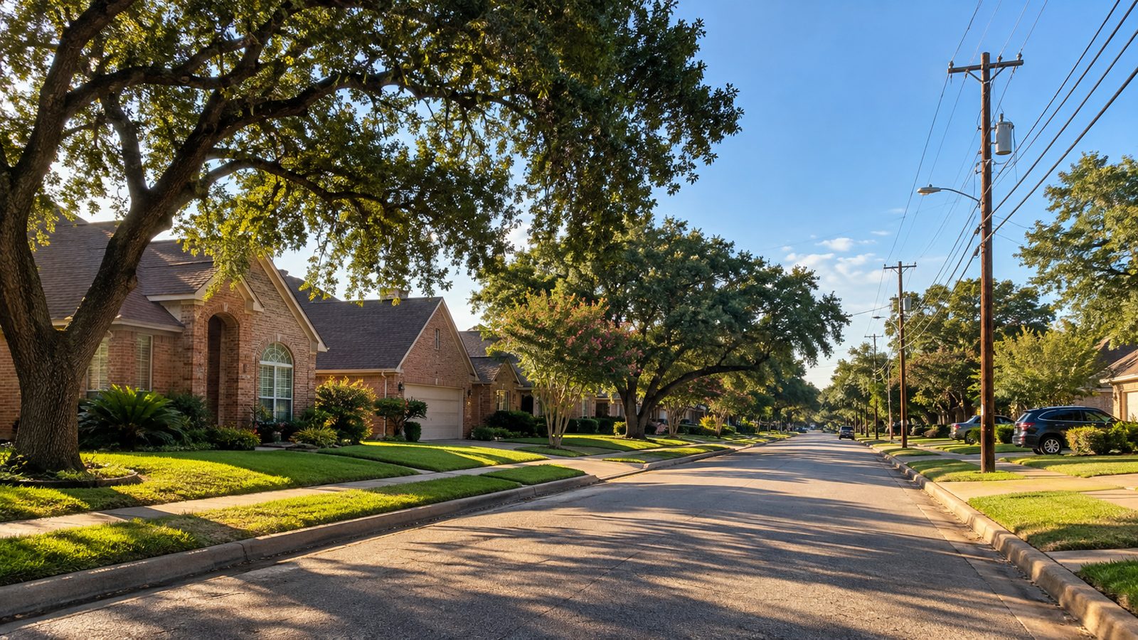 Cheapest Electricity Rates Houston Texas | Compare Bills 3 A Houston area street of brick homes with power lines on a summer day